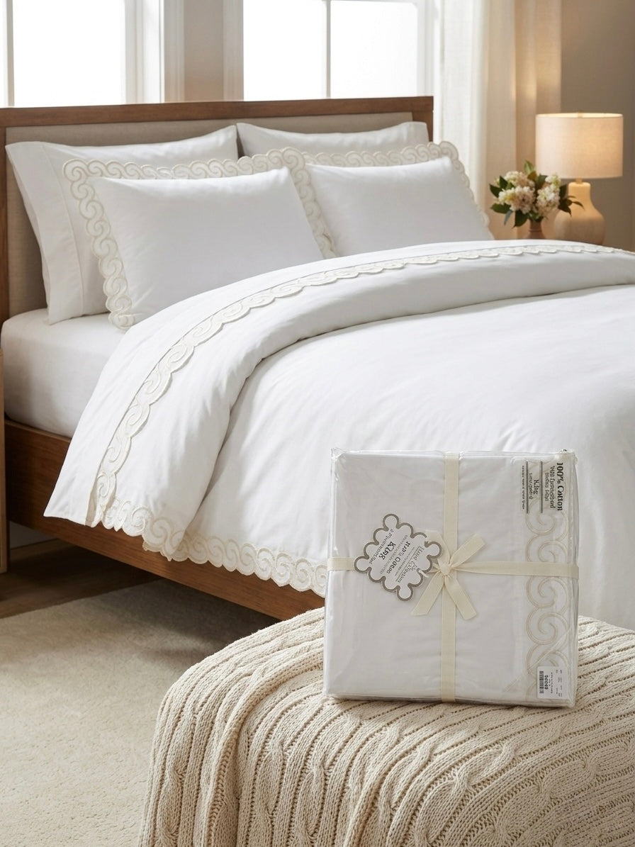 Hotel Collection New York City - 3pc Set | Premium Embroidered Scallop Duvet