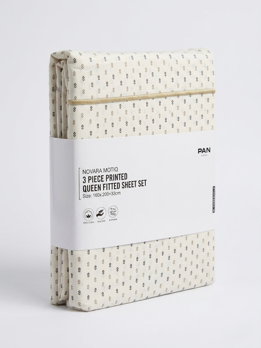 Novara Motiq | 3-Piece Printed Queen Fitted Sheet Set | 200 Thread Count