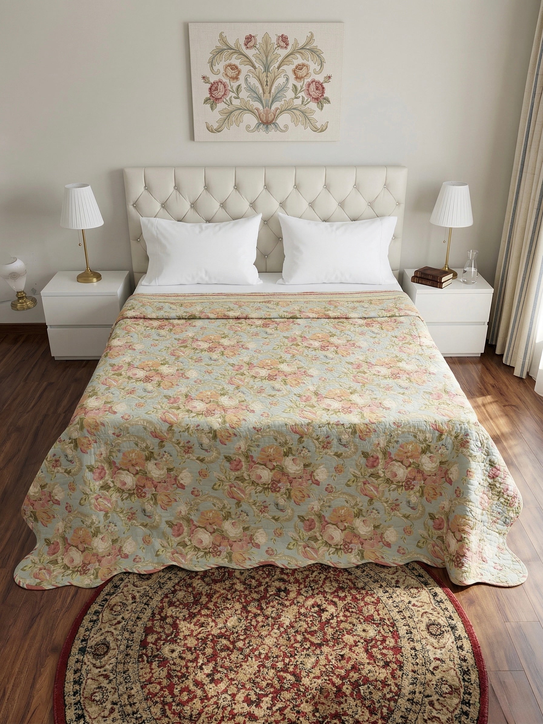 Vintage Rose & Striped Reversible 3pc Quilted Set - Bedspread