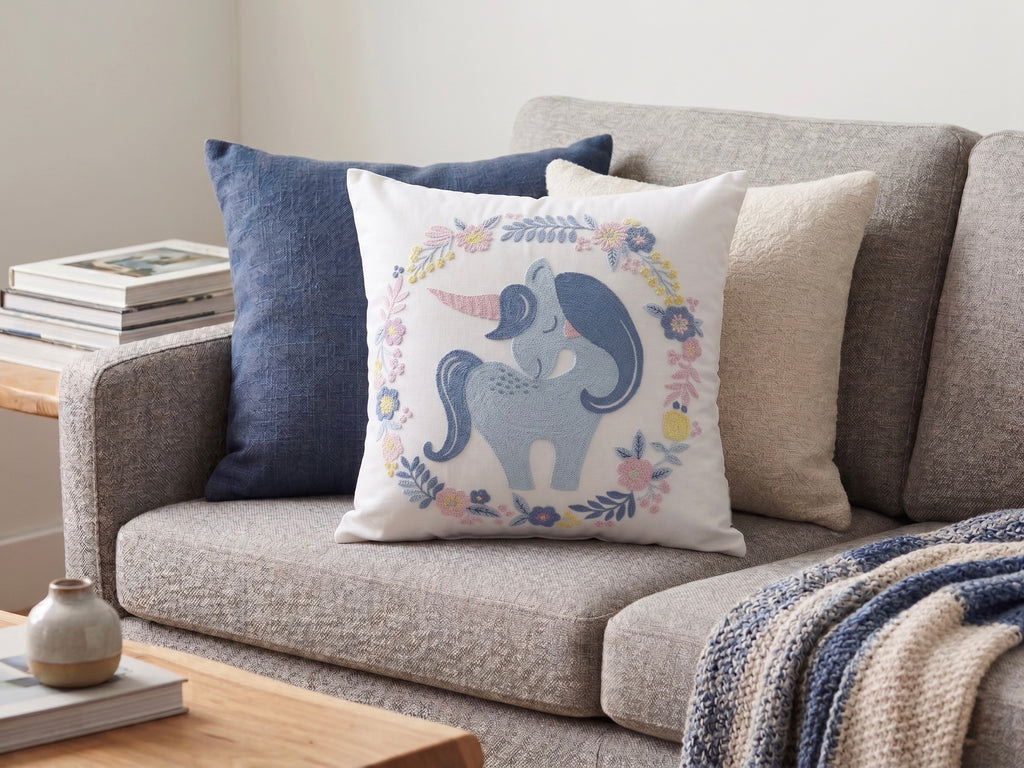 The Unicorn Wreath Embroidered Filled Cushion Pair