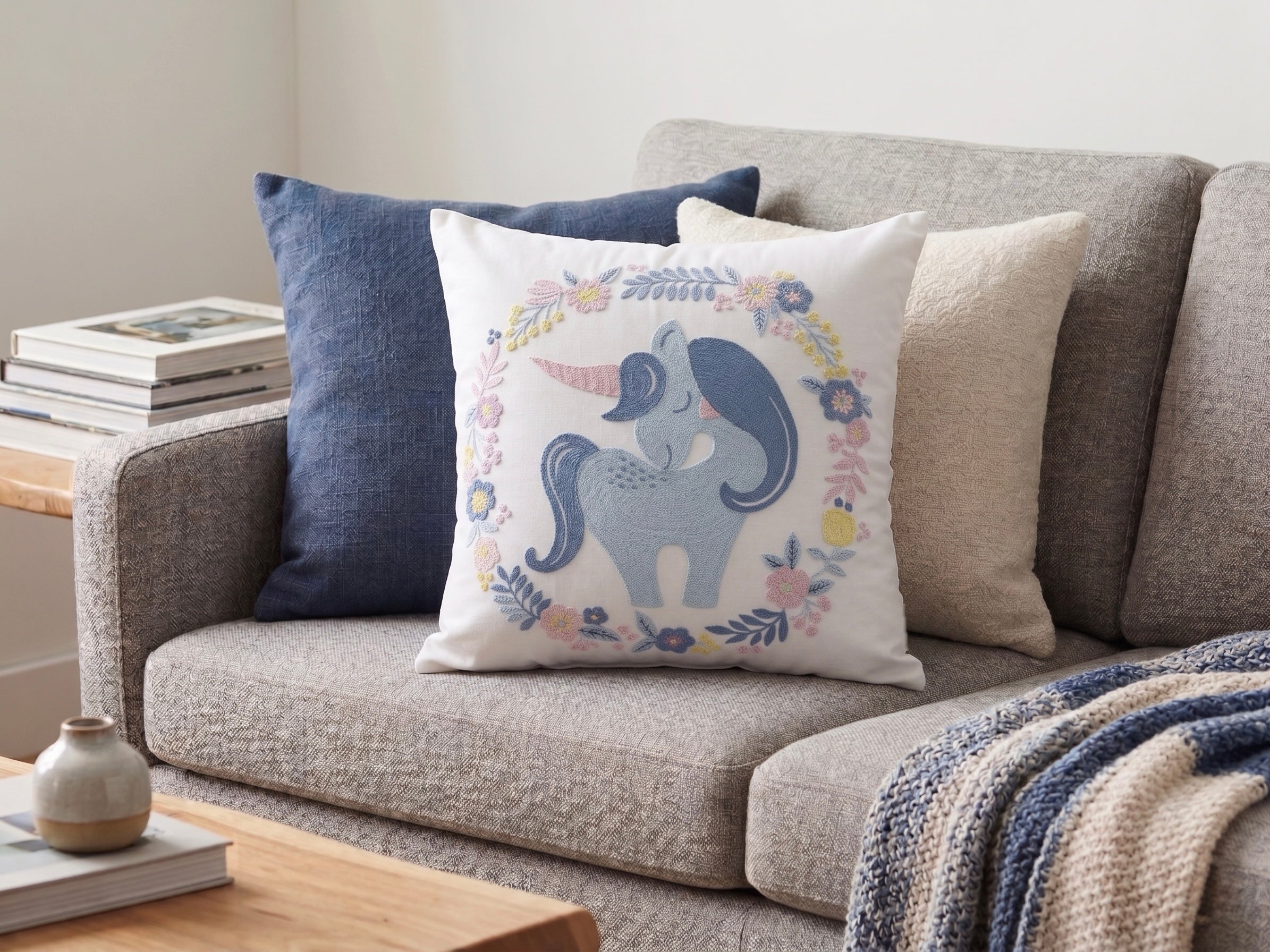 The Unicorn Wreath Embroidered Filled Cushion Pair
