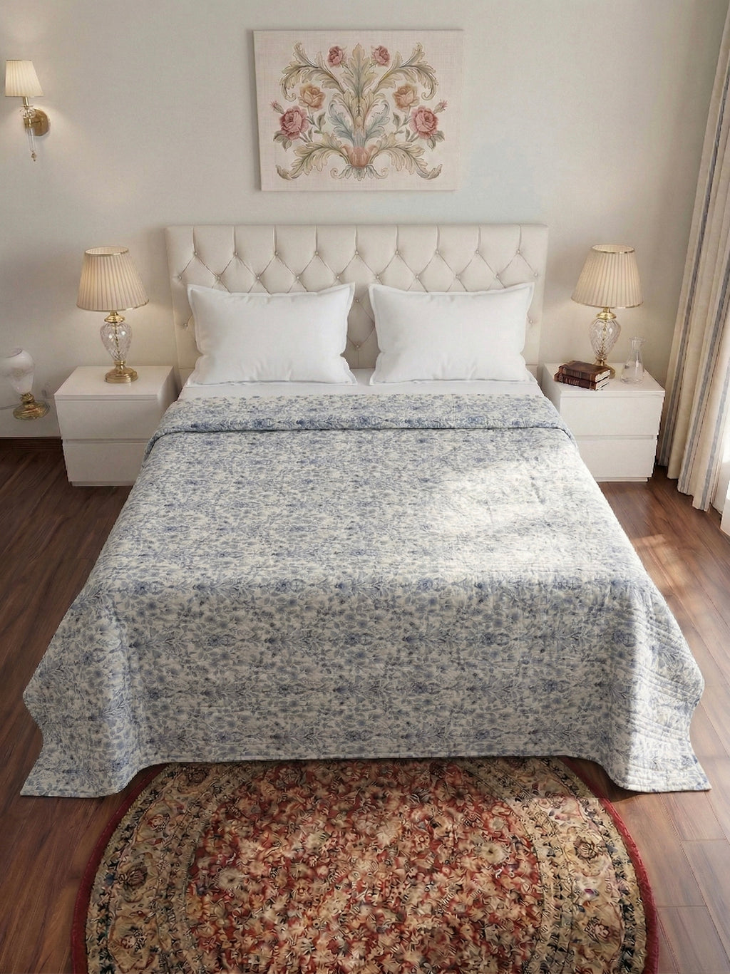 Blue Floral Reversible 3pc Quilted Set - Bedspread