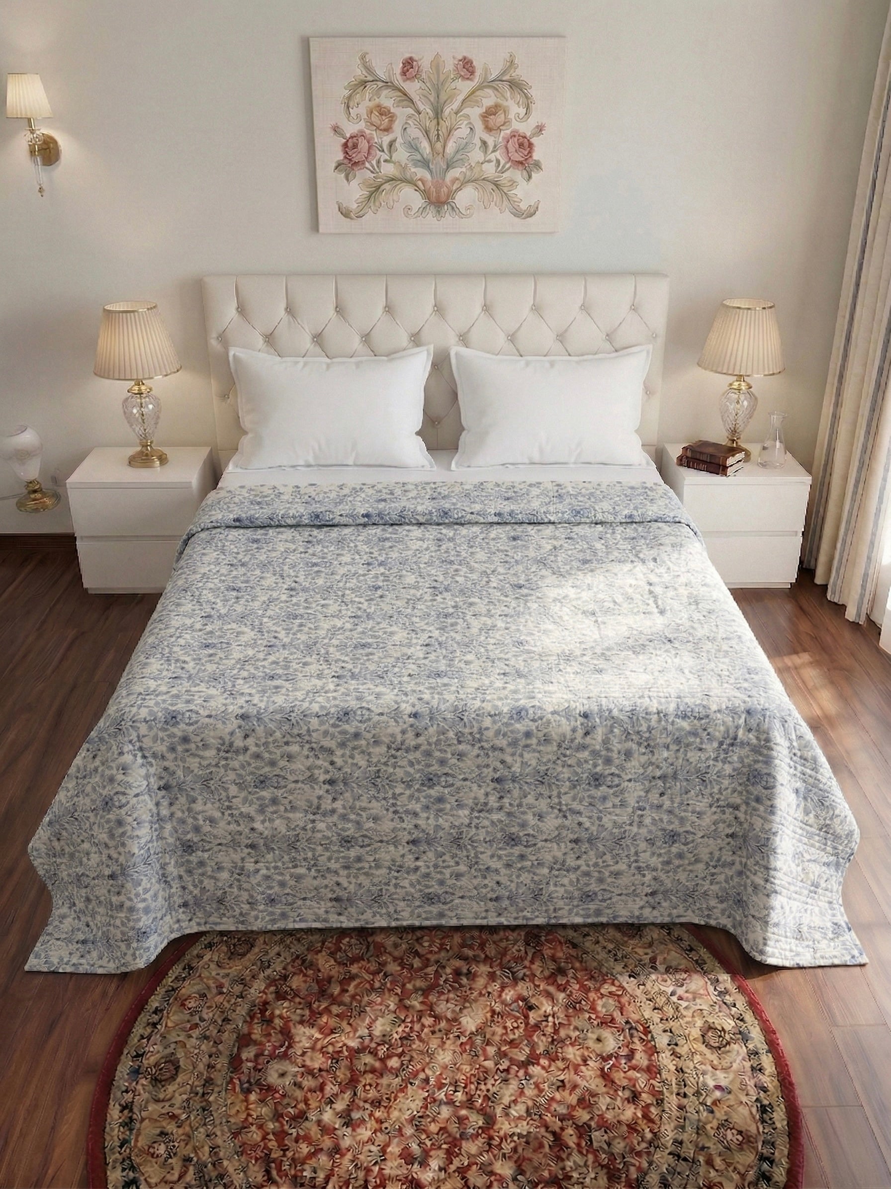 Blue Floral Reversible 3pc Quilted Set - Bedspread