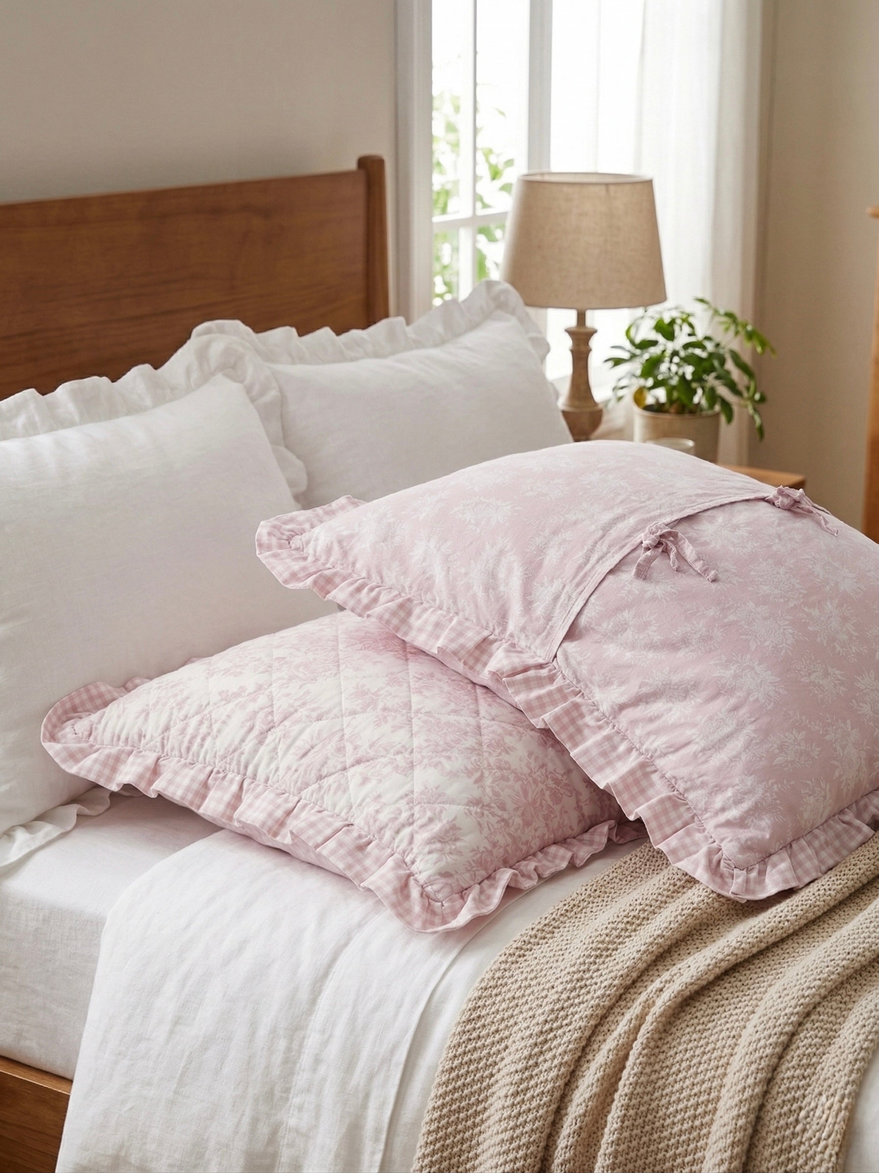 Soft Pink Floral Quilted Pillow Covers (Pair)
