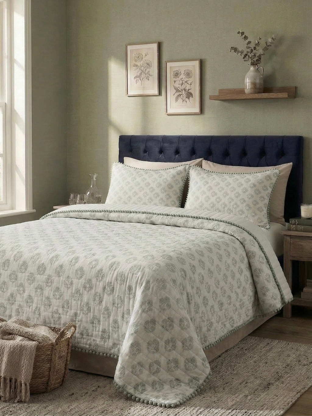 Sage Botanical Reversible Quilted 3pc Set – Premium Imported Cotton Bedding