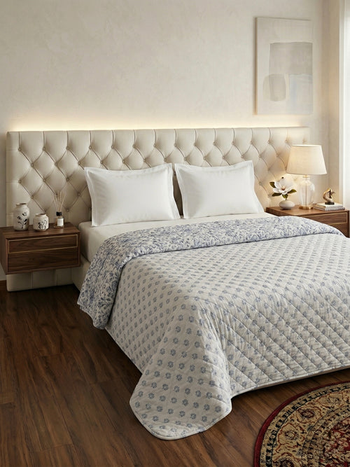 Blue Floral Reversible 3pc Quilted Set - Bedspread