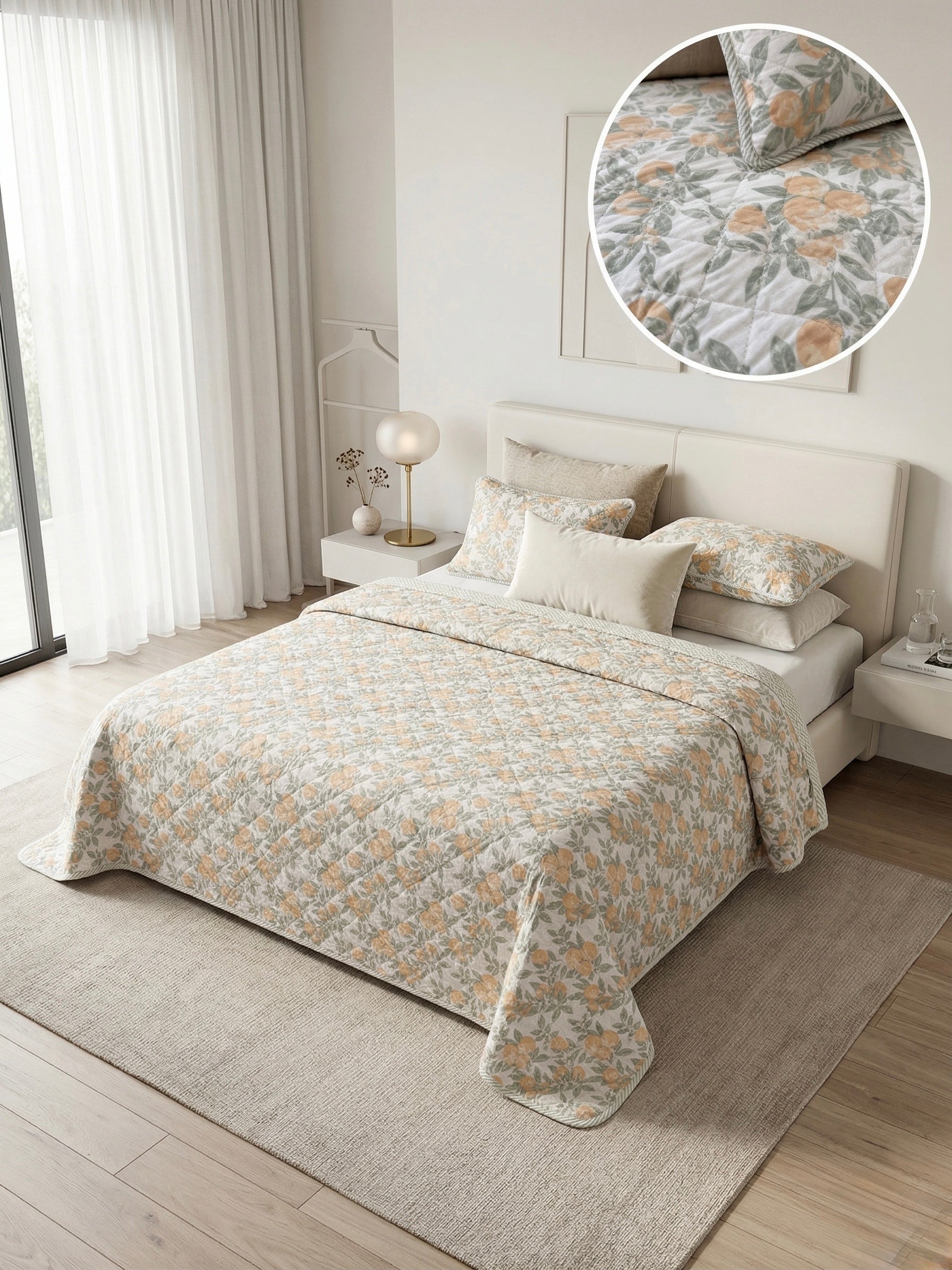 Botanical Harvest & Pinstripe Reversible 3 pc Quilted Set - Bedspread