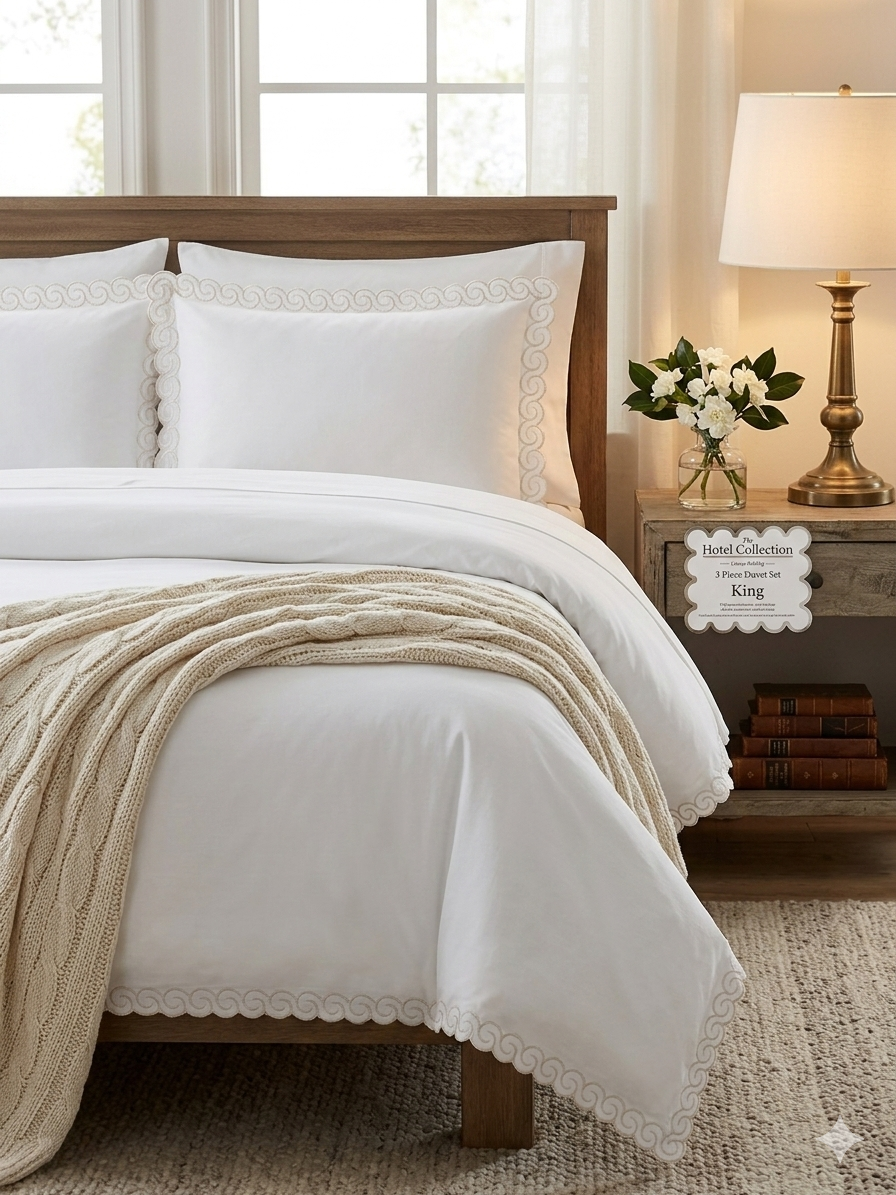 Hotel Collection New York City - 3pc Set | Premium Embroidered Scallop Duvet