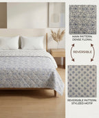 Blue Floral Reversible 3pc Quilted Set - Bedspread