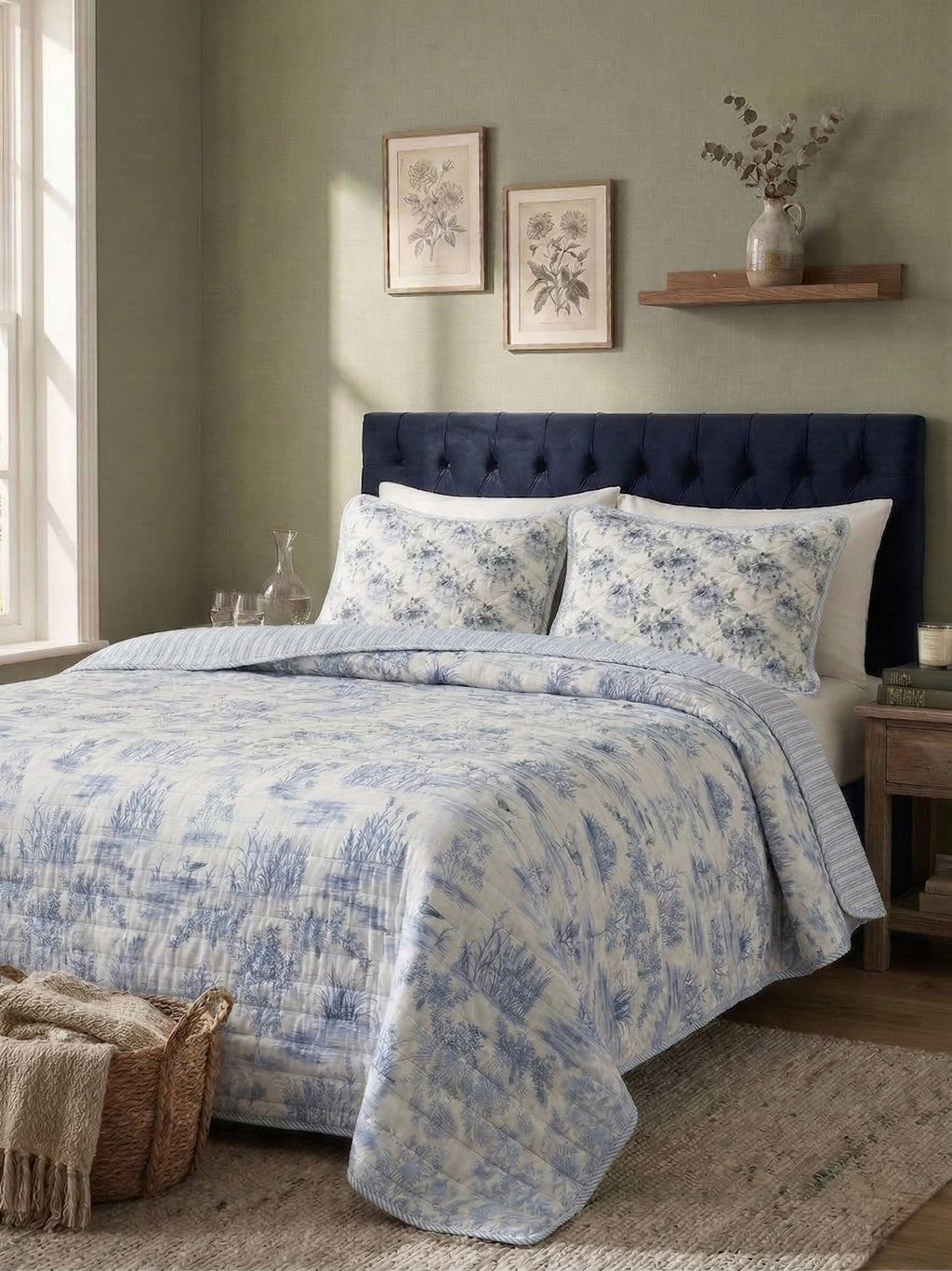 Blue Meadow Reversible Quilted 3pc Set – Premium Imported Cotton Bedding
