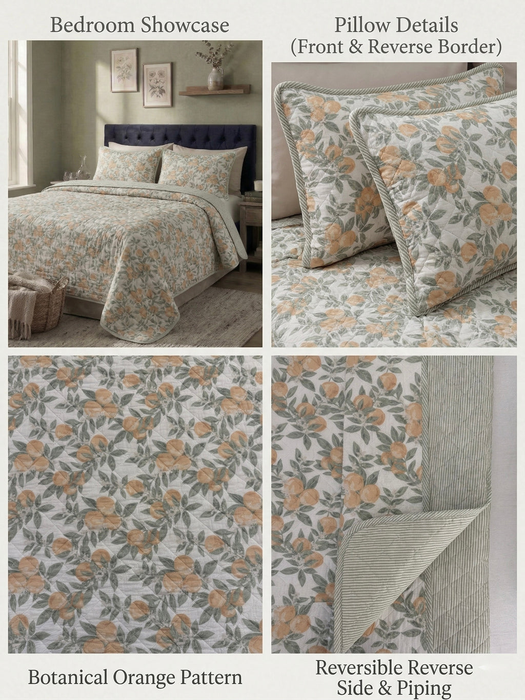 Botanical Harvest & Pinstripe Reversible 3 pc Quilted Set - Bedspread
