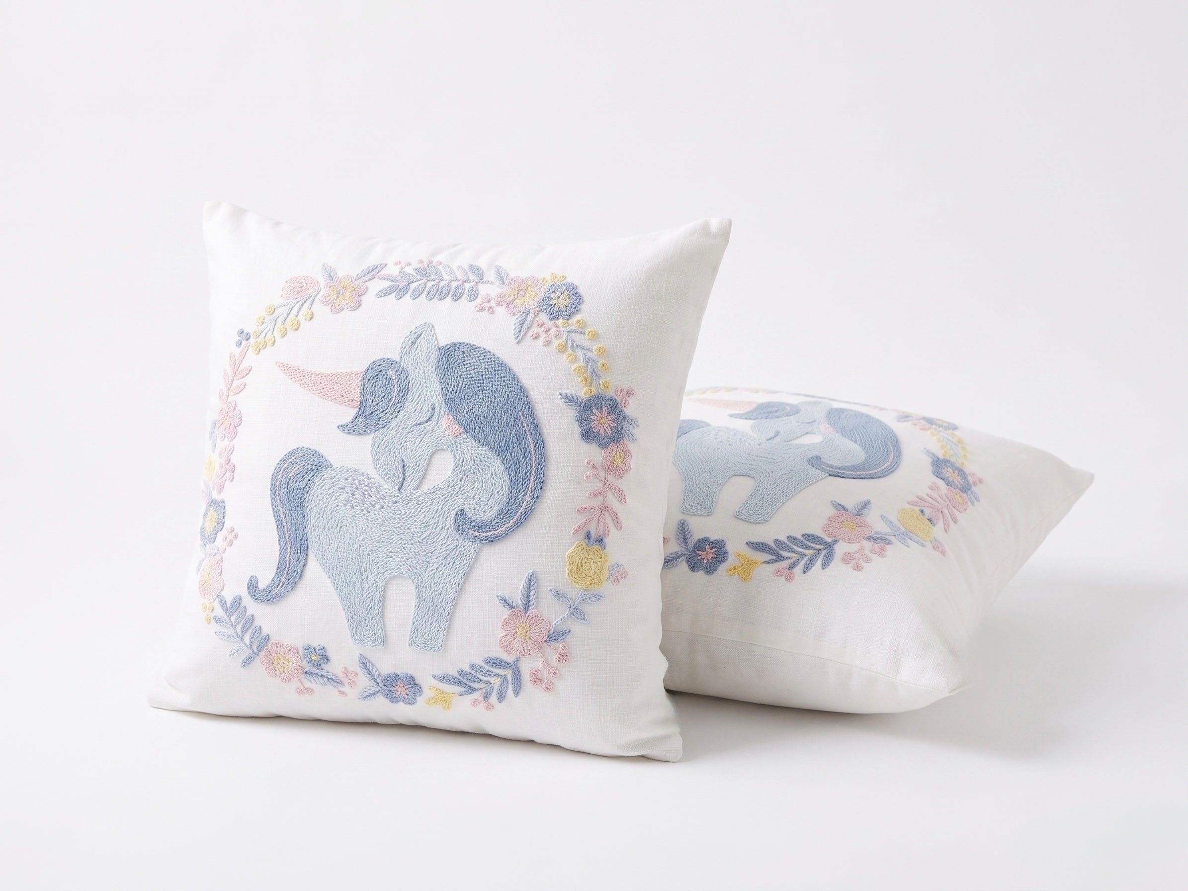 The Unicorn Wreath Embroidered Filled Cushion Pair