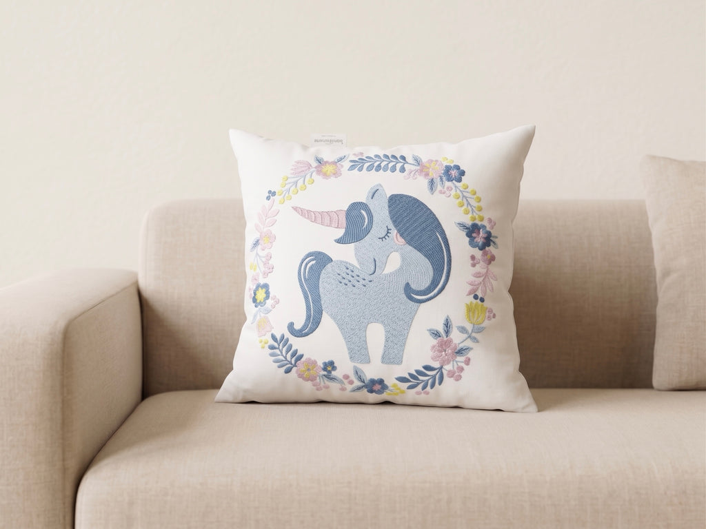 The Unicorn Wreath Embroidered Filled Cushion Pair