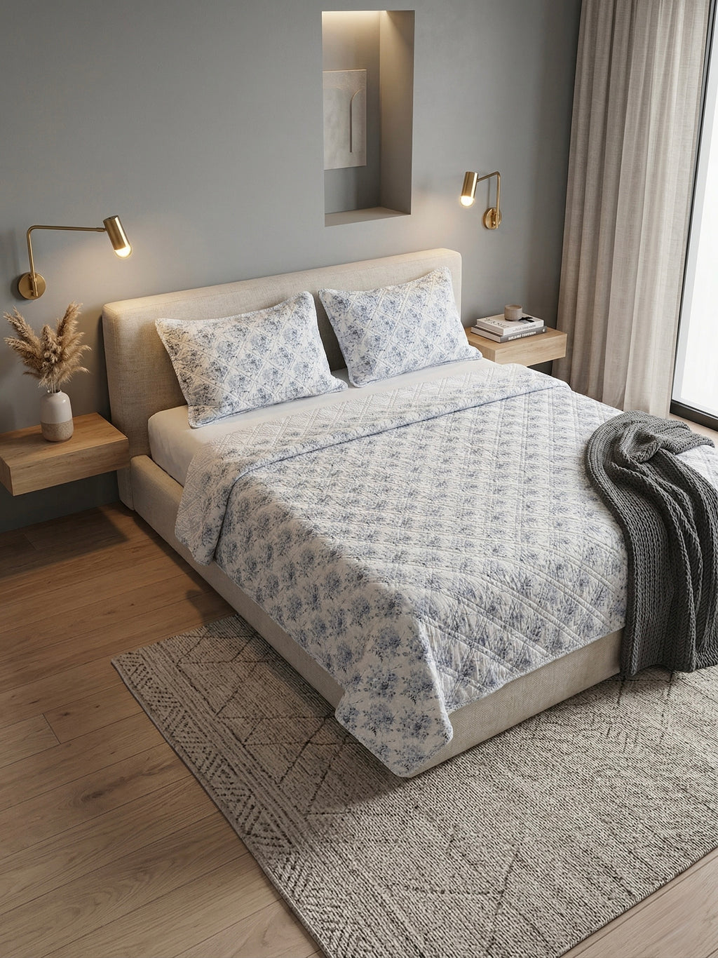 Midnight Bloom & Cream 3pc Quilted Set - Bedspread