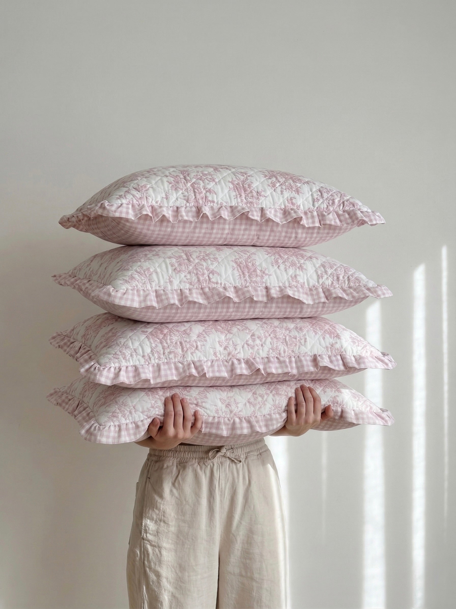 Soft Pink Floral Quilted Pillow Covers (Pair)