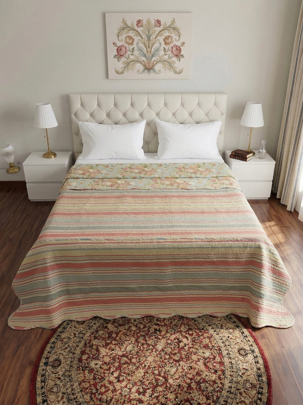 Vintage Rose & Striped Reversible 3pc Quilted Set - Bedspread