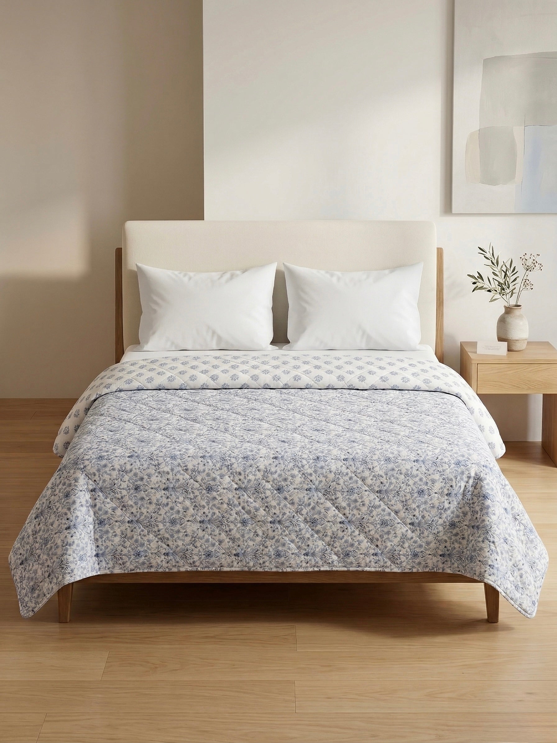 Blue Floral Reversible 3pc Quilted Set - Bedspread