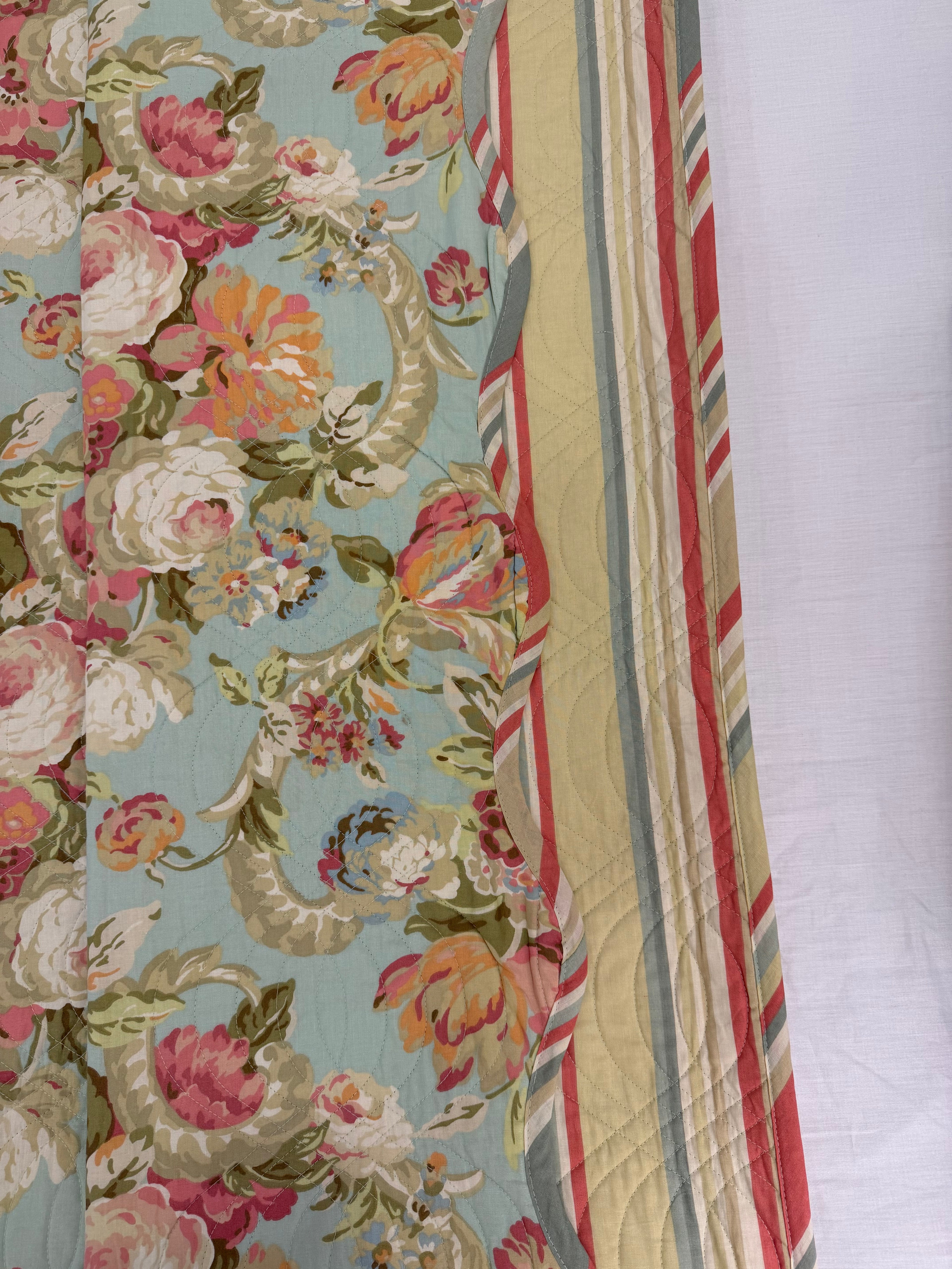 Vintage Rose & Striped Reversible 3pc Quilted Set - Bedspread