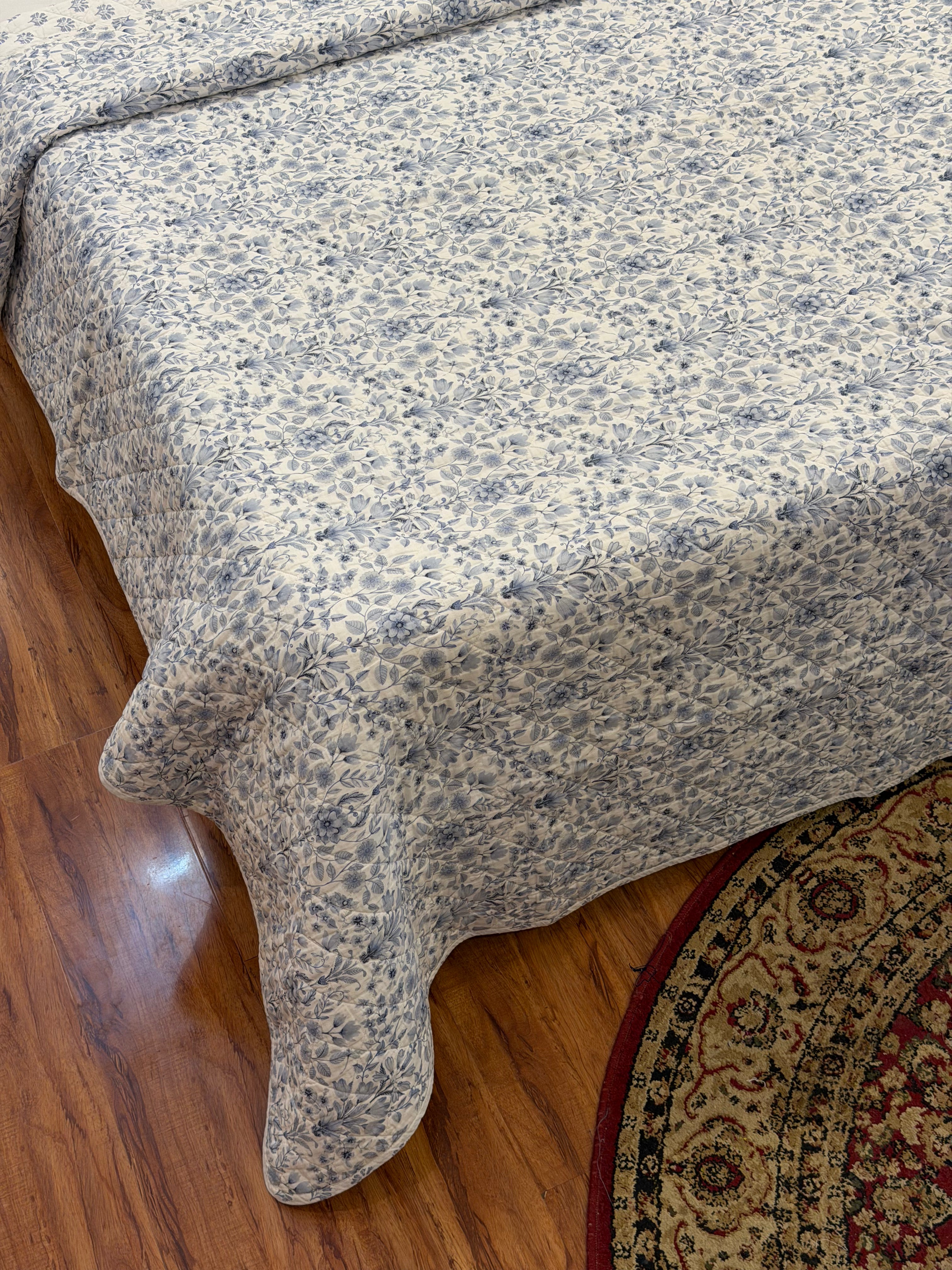 Blue Floral Reversible 3pc Quilted Set - Bedspread
